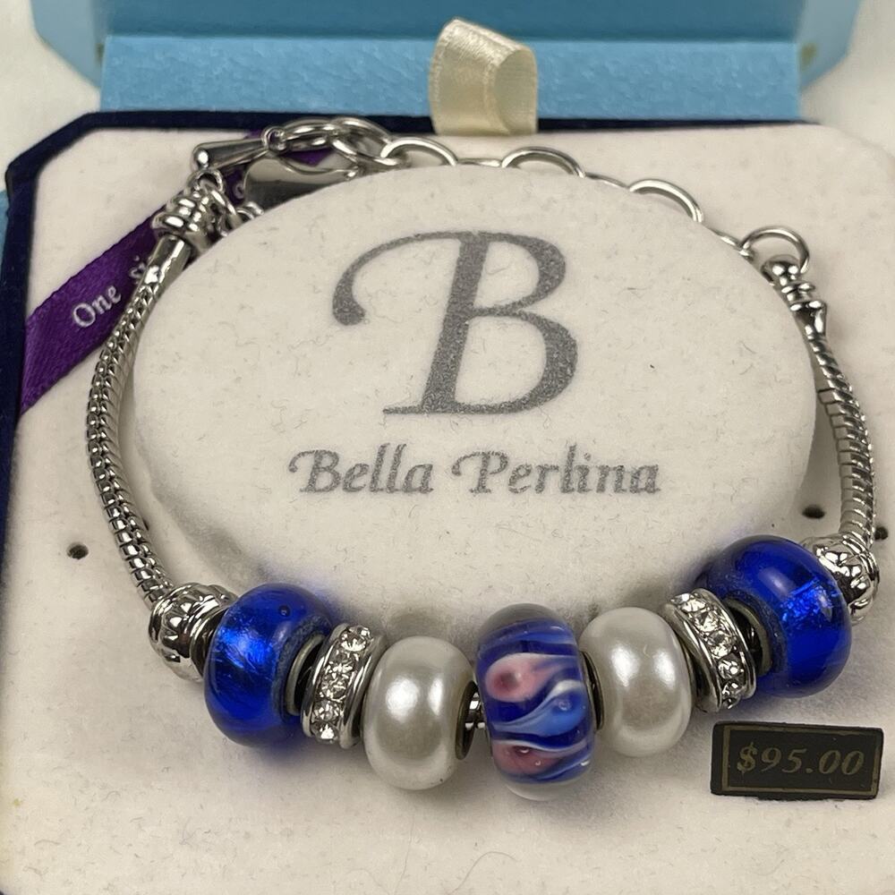 Bella Perlina Charm Bracelet BP10038 Blue White Glass Beads Silver Tone NWT